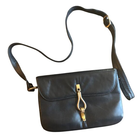 Vintage Lederer De Paris Black Leather Shoulder Bag Purse Gold-Tone Hardware - Picture 1 of 5